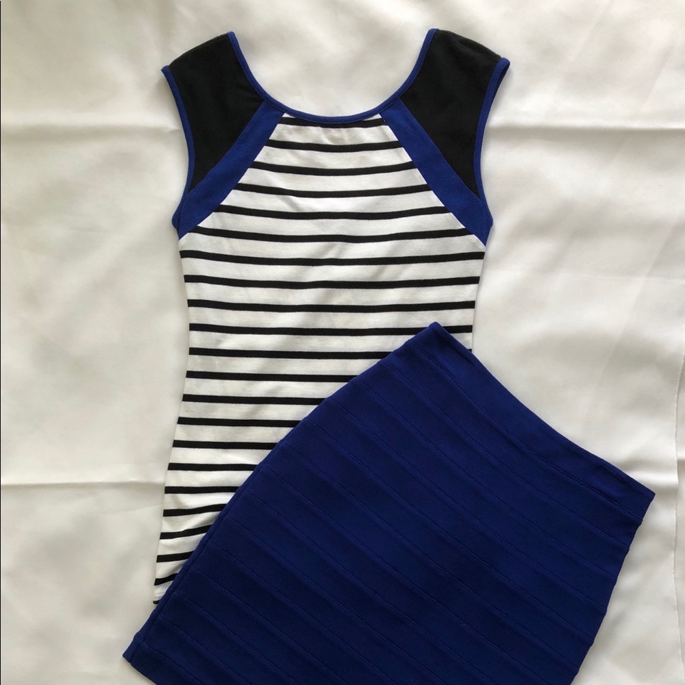Express Black and White Striped Top w/Blue Accents